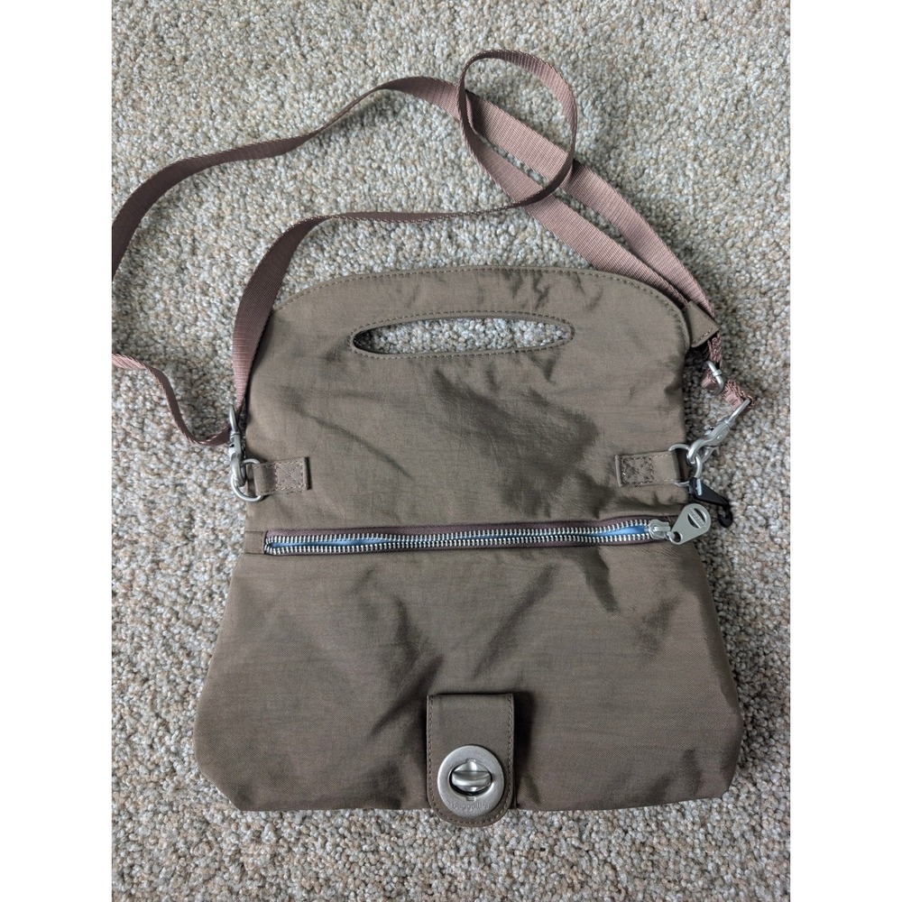 Baggallini Brown Nylon Crossbody Bag Fold Over Turn Lock Blue Lining with Pouch
